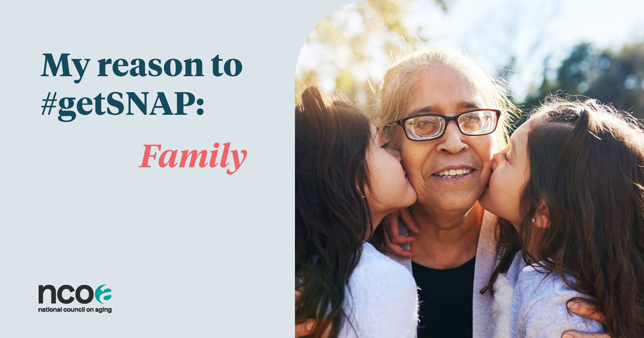 Older woman with grandchildren saying reason to #getSNAP is family
