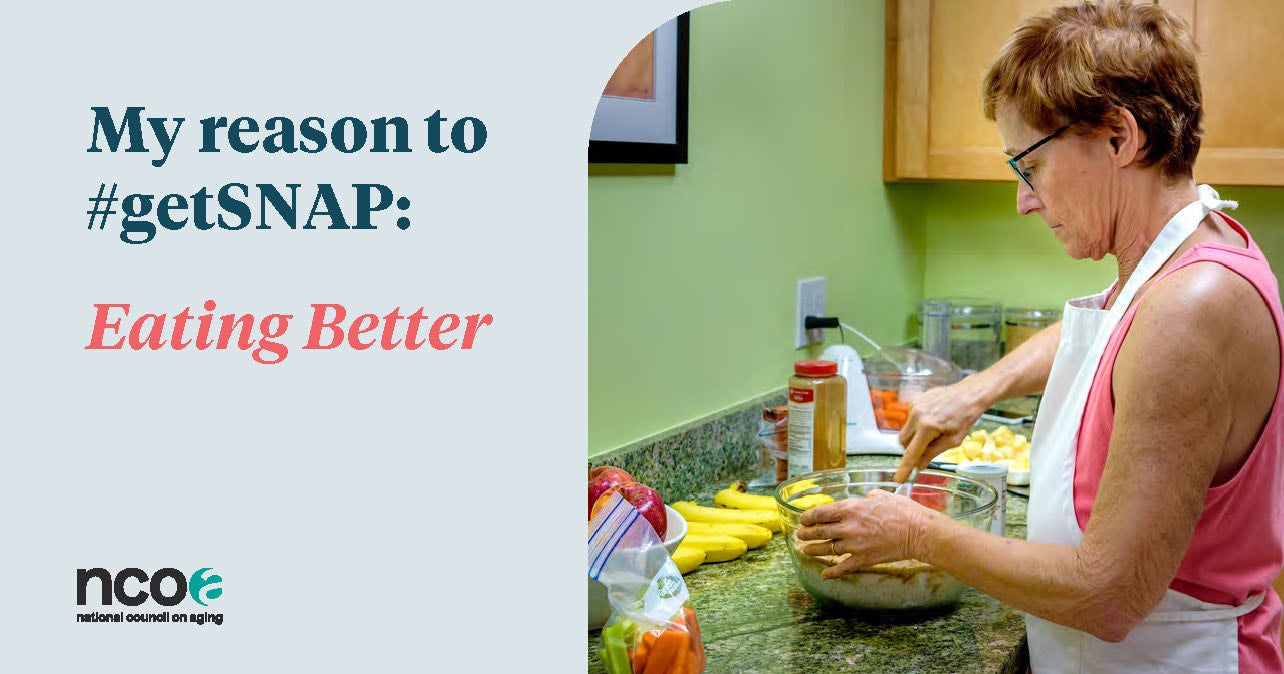 Woman cooking next to reason to #getSNAP: eating healthy