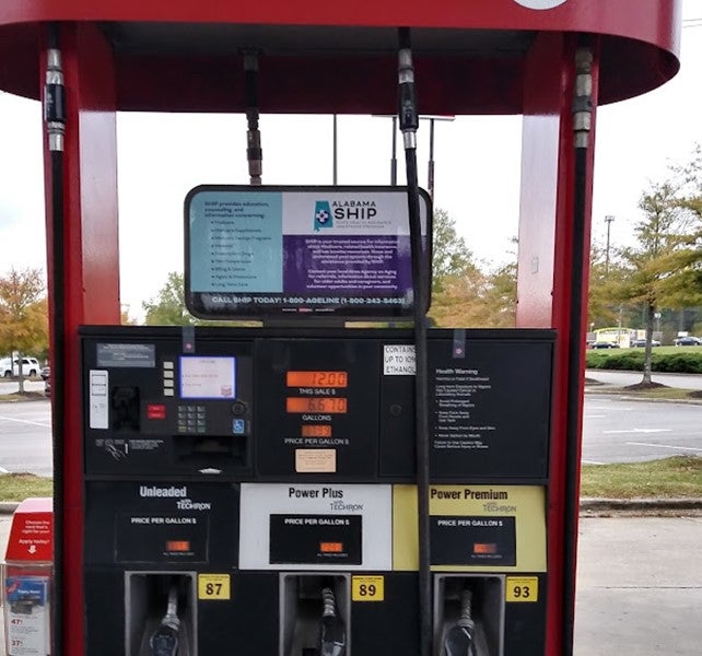 Photo of gas pump in Alabama with SHIP contact information
