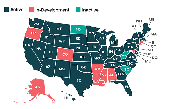 US map showing state falls prevention coalitions