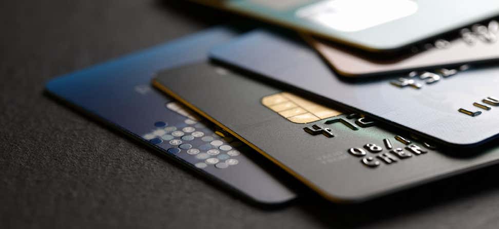 A close up shot of a stack of credit cards.