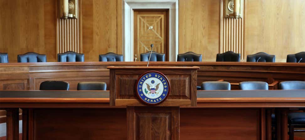 A look at a podium in a U.S. Senate hearing room.