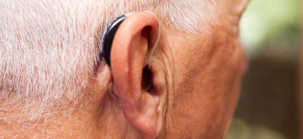 An up close shot of a senior man's hearing aid.