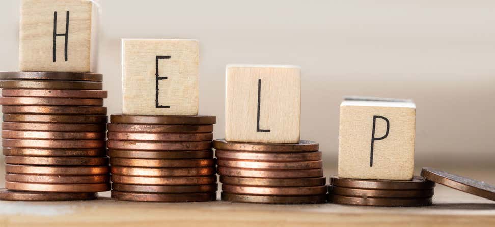 A line of wooden cubes with the word "Help" and pile of coins are staircased to signify how to boost your budget.