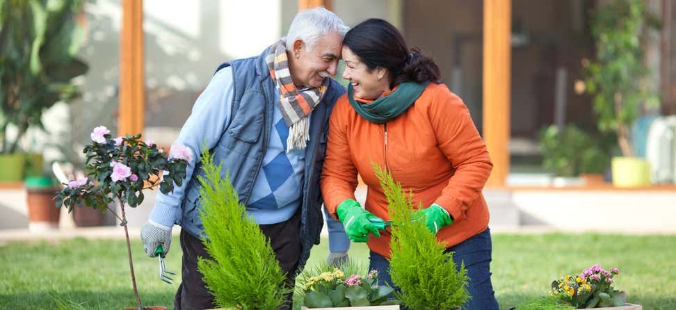 A senior couple is gardening together in front of their house.